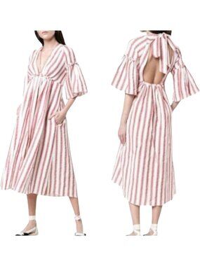 Three Graces London Georgianna Dress Women 6 Red White Striped Linen Open Back